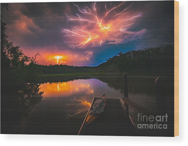 Spider Lightning Wood Print featuring the photograph Spider Lightning Reflected on Little Hunting Creek at Night by Jeff at JSJ Photography