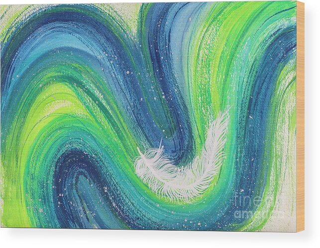 Spiritual Wood Print featuring the photograph Spiritual white feather abstract on colourful waves by Simon Bratt