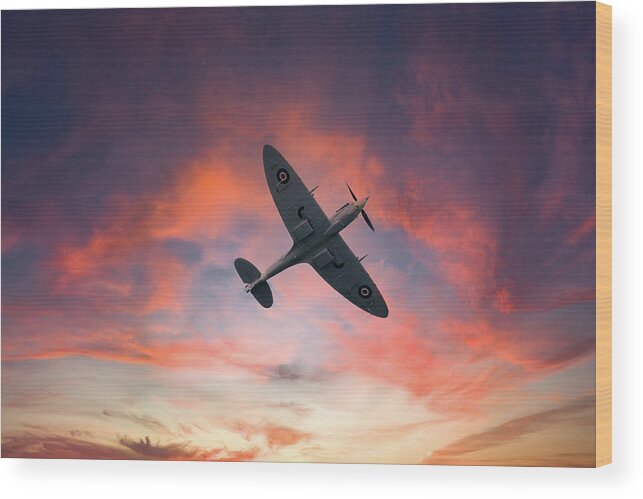 Eastbourne International Airshow Wood Print featuring the photograph Spitfire flying at sunset by Andrew Lalchan
