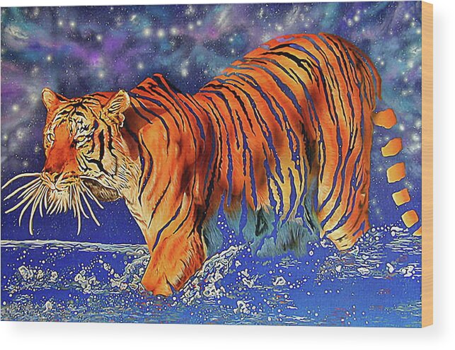 Lunar Wood Print featuring the painting Splashing Tiger by Thom MADro