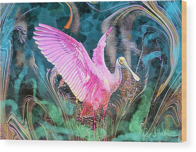 Roseate Spoonbill Wood Print featuring the painting Roseate Spoonbill artwork01 by David McKinney