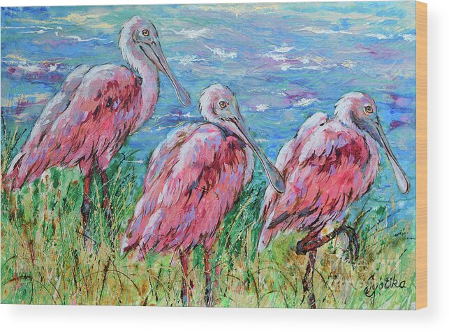 Spoonbills Wood Print featuring the painting Spoonbills at the Lake by Jyotika Shroff