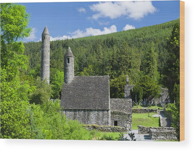 St. Kevin's Church Wood Print featuring the photograph St. Kevin's church and Round Tower Glendalough by David L Moore