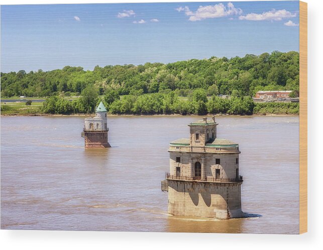 Water Intake Towers Wood Print featuring the photograph St Louis Water Intake Towers from the Old Chain of Rocks Bridge by Susan Rissi Tregoning