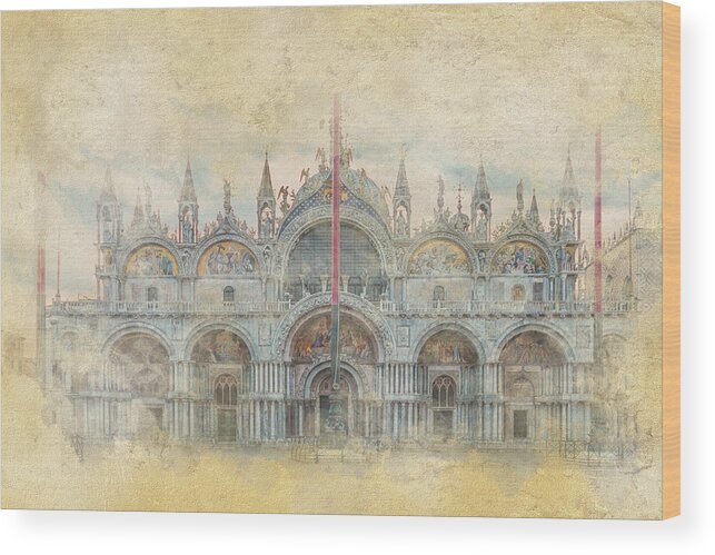 Architecture Wood Print featuring the mixed media St Mark's Basilica in Venice City by Manjik Pictures