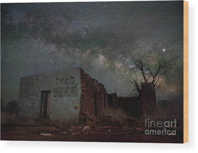 Milky Way; Star Trails; Astrophotography; Spirituality; Built Structure; City; Architecture; Outdoors; Landmark; Historical Landmark; Tranquil Scene; Past; History; Travel Destinations; Old Ruin; Usa; Bar; Ancient; Stone; Night; Color Image; Abandoned; Old Building; Ruins; Ruin; Night Photography; Cantina; New Mexico Wood Print featuring the photograph Starlight Cantina by Keith Kapple