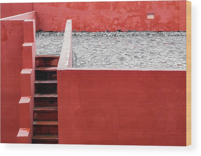 Minimalism Wood Print featuring the photograph Steep Stairs Red Walls by Prakash Ghai