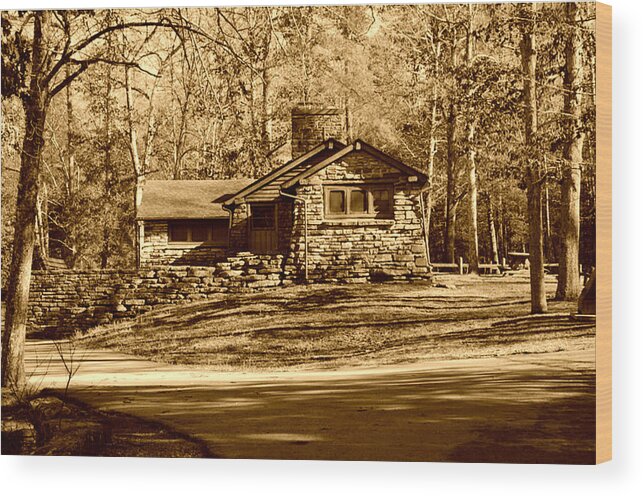 Stone Cabin Wood Print featuring the photograph Stone cabin in the Woods Sepia by Stacie Siemsen