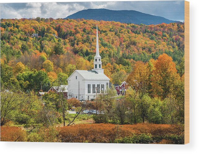 Fall Foliage Wood Print featuring the photograph Stowe Community Church with Fall Colors by Jatin Thakkar