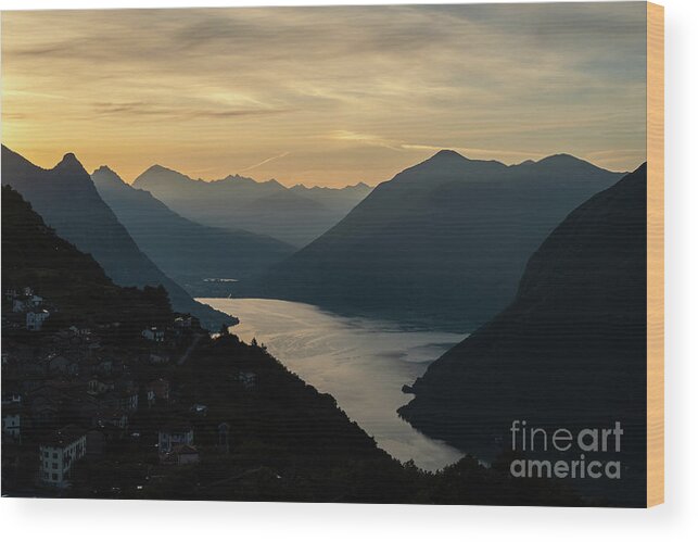 Bre Wood Print featuring the photograph Stunning view of the sunset over lake Lugano from the Monte Bre by Didier Marti