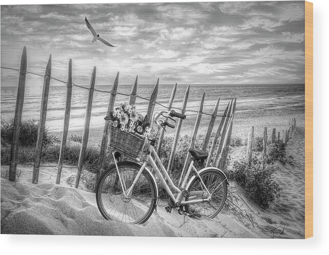 Clouds Wood Print featuring the photograph Summer Bicycle at Sunset in Black and White by Debra and Dave Vanderlaan