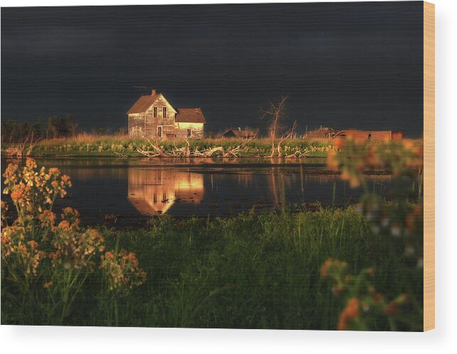 Farmstead Homestead Farm Lake Glowing Rain Shower Reflection Nd North Dakota Abandoned Ghost Forgotten Decay Storm Cloud Wood Print featuring the photograph Sun-Kissed Farmstead Reflections - Stensby homestead by Peter Herman