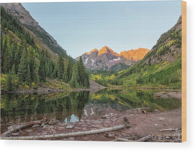 Maroon Bells Wood Print featuring the photograph Sunlight Hitting the Peaks at Maroon Bells by Belinda Greb