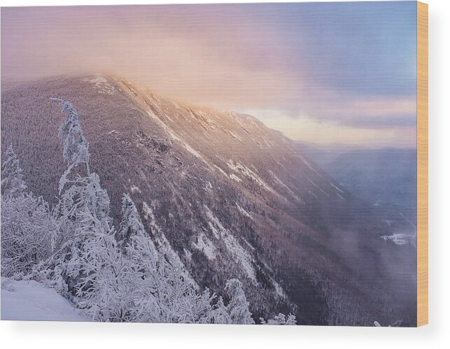 Snow Wood Print featuring the photograph Sunlight Through The Clouds, Crawford Notch. by Jeff Sinon