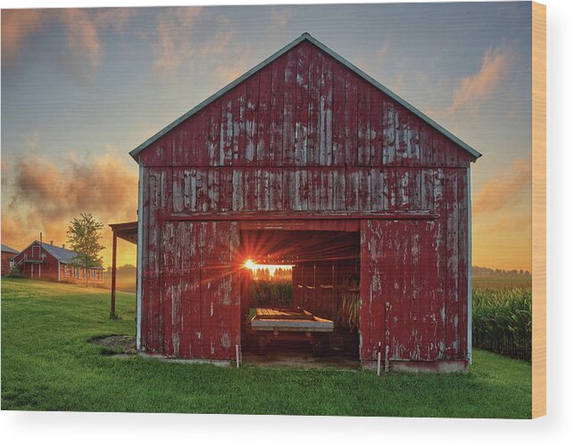 Tobacco Wood Print featuring the photograph Sunrise at the Veum Tobacco Shed near Stoughton Wisconsin by Peter Herman