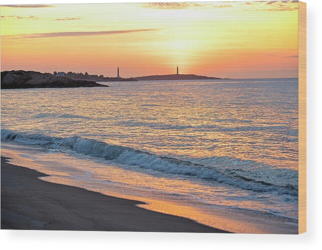 Gloucester Wood Print featuring the photograph Sunrise over Thacher Island from Long Beach in Rockport MA Golden Sunrise Wave by Toby McGuire