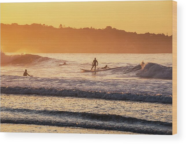 Kennebunk Wood Print featuring the photograph Sunrise Surfer Gooch's Beach Kennebunk Maine New England Golden Sun by Toby McGuire