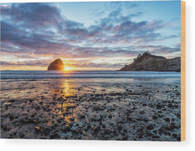 Sunset Wood Print featuring the photograph Sunset at Haystack Rock, Cape, Kiwanda, Pacific City, Oregon by Belinda Greb