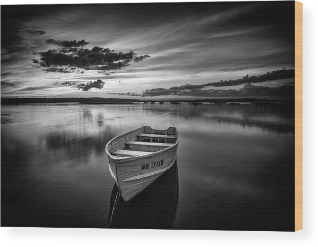 Maine; Scarborough; Cumberland; Dinghy; Harbor; Nonesuch; River; Coastal; Sunset; Water; Reflection; Cloud; Color; Orange; Pink; Blue; Purple; Boat; Lobster; Fishing; Fisherman; Dusk; Anchor; Moored; Mooring Wood Print featuring the photograph Sunset at Pine Point Monochrome by Rick Berk