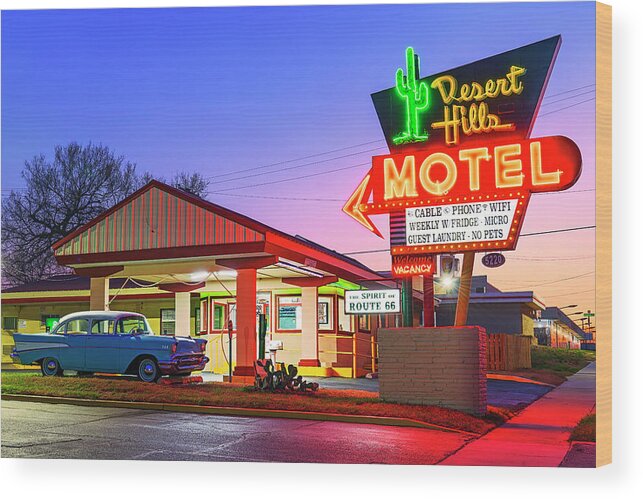  Wood Print featuring the photograph Sunset at the Desert Hills Motel by Andy Crawford