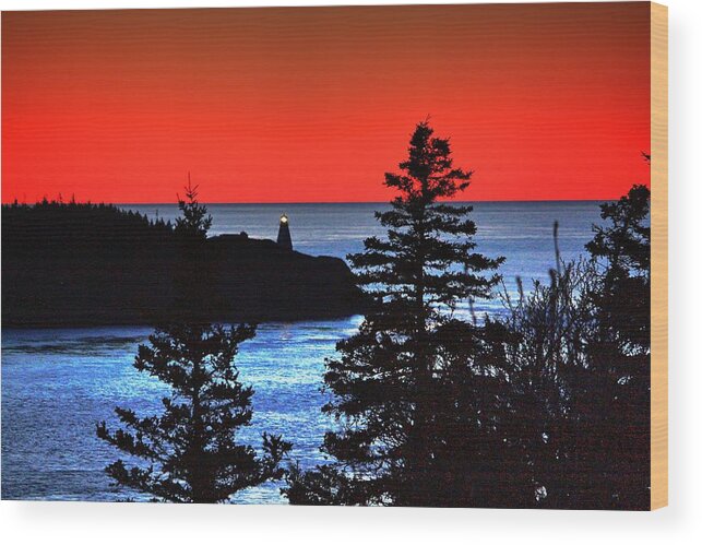 Sunset Board Head Gulls Seas Gulls Perching Scavengers Sunsets Petit Passage Boast Boats At Nigh Ferry Car Ferry Passing Sea Water Fishing Fishing Boats Birds Nova Scotia Ocean Sunsets Sunrise Red Skies Red Sky At Night Lighthouses Cliffs Rocks Trees Conifers Wood Print featuring the photograph Sunset Board Head by David Matthews