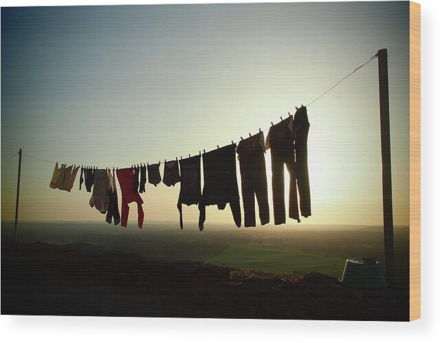 Sunset Wood Print featuring the photograph Sunset Clothesline by Louise Tanguay