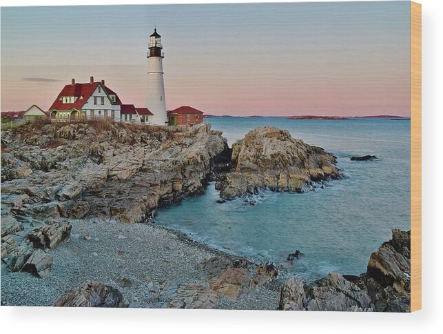 Lighthouse Wood Print featuring the photograph Sunset in Cape Elizabeth Maine by Frozen in Time Fine Art Photography