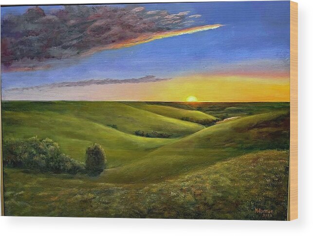 Hills Wood Print featuring the painting Sunset in Flint Hills by Nadine Button