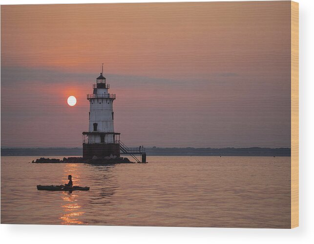 Lighthouse Wood Print featuring the photograph Sunset Kayaker by Conimicut Lighthouse by Denise Kopko
