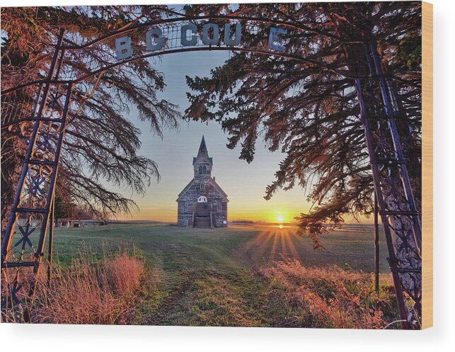 Church Wood Print featuring the photograph Sunset on the Big Coulee Church - Abandoned Rural ND Lutheran church by Peter Herman