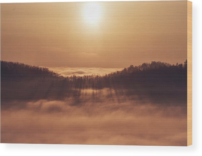 Palkovicke Hurky Wood Print featuring the photograph Sunset over a sea of clouds by Vaclav Sonnek