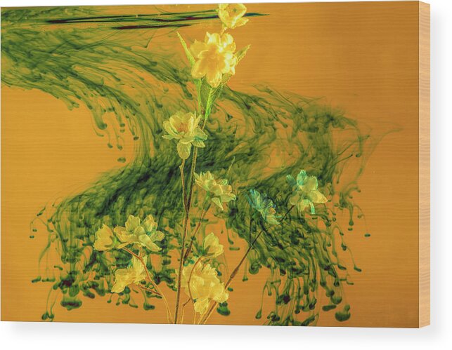Flowers Wood Print featuring the photograph Swirling green cloud surrounding yellow flowers by Dan Friend