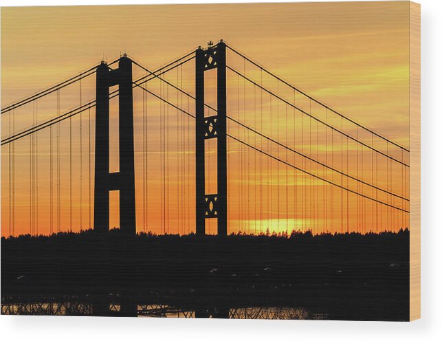 Tacoma Wood Print featuring the photograph Tacoma Narrows Bridges Fiery Sunset by Rob Green