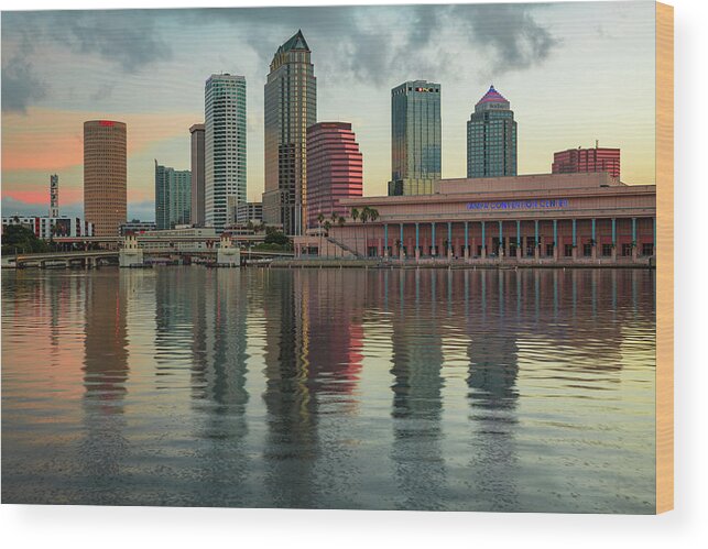 Tampa Bay Skyline Wood Print featuring the photograph Tampa Bay and City Skyline - Florida Sunrise by Gregory Ballos
