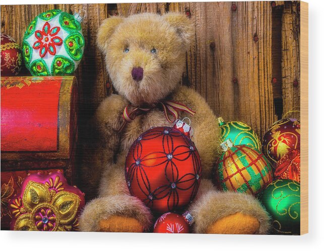 Abundance Red Fancy Wood Print featuring the photograph Teddy Bear And Christmas Ornaments by Garry Gay