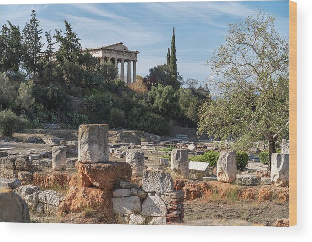 Temple Ofhephaestus Wood Print featuring the photograph Temple of Hephaestus Over the Ancient Agora Rubble Athens by Wayne Moran