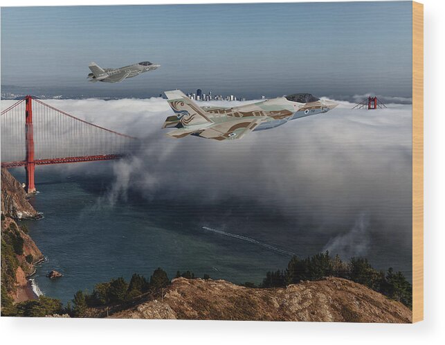Lightning Wood Print featuring the digital art TF-35C and TF-35I over San Francisco by Custom Aviation Art