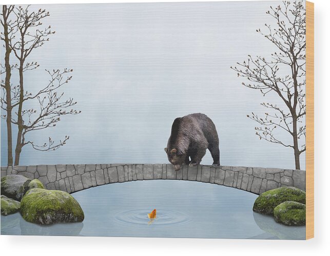 Brown Bear Wood Print featuring the digital art The bear and the goldfish by Moira Risen