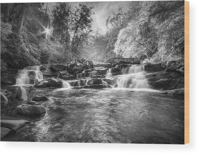Carolina Wood Print featuring the photograph The Beauty of Smoky Mountain Waterfalls Black and White by Debra and Dave Vanderlaan