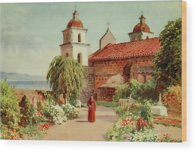 Santa Barbara Wood Print featuring the painting The Cemetery, Santa Barbara Mission, California 1914 by Sutton Palmer