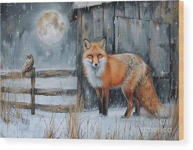 Fox Wood Print featuring the painting The Fox And The Owl by Tina LeCour