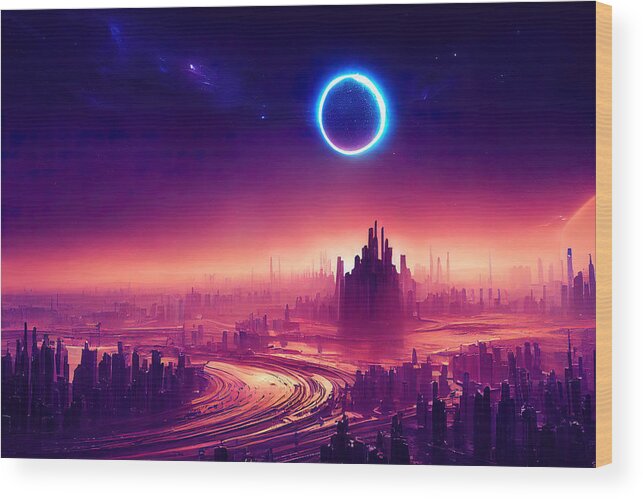 City Wood Print featuring the painting The Galactic City, 13 by AM FineArtPrints