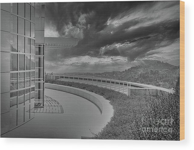 Getty Museum Wood Print featuring the photograph The Getty Architecture Black White Los Angeles by Chuck Kuhn