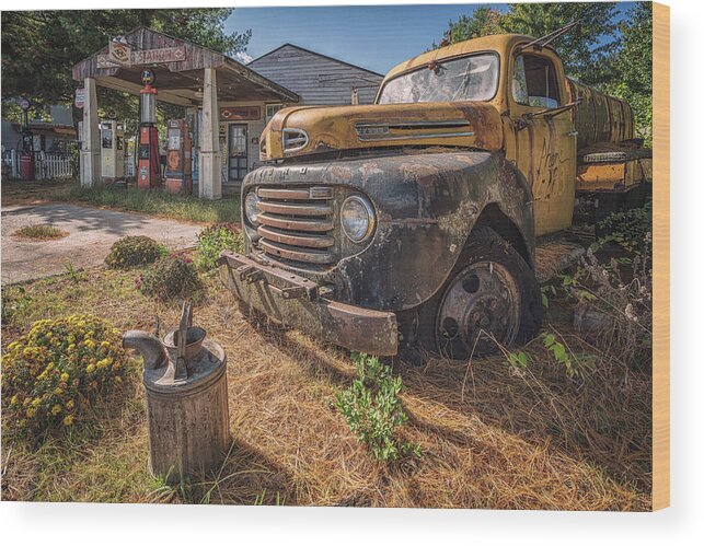 Old Ford Trucks Wood Print featuring the photograph The Great Filling Station by Darren White