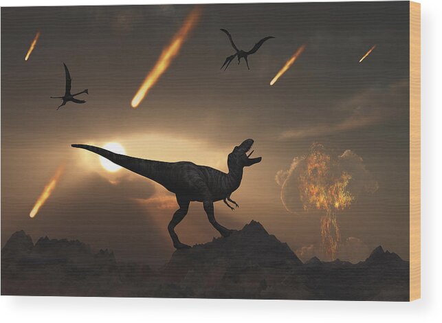 Prehistoric Era Wood Print featuring the drawing The last days of dinosaurs during the Cretaceous Period. by Stocktrek Images