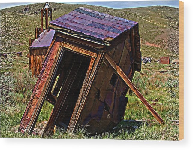 Abandoned Wood Print featuring the digital art The Leaning Outhouse Of Bodie by David Desautel