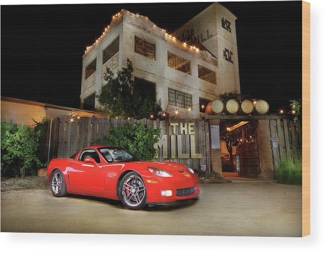 Light Painting Wood Print featuring the photograph The Mill with a 'Vette by Steve Templeton