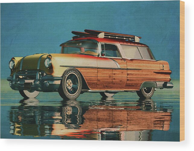 Pontiac Wood Print featuring the digital art The Pontiac Station Wagon From 1956 Surfer Edition by Jan Keteleer