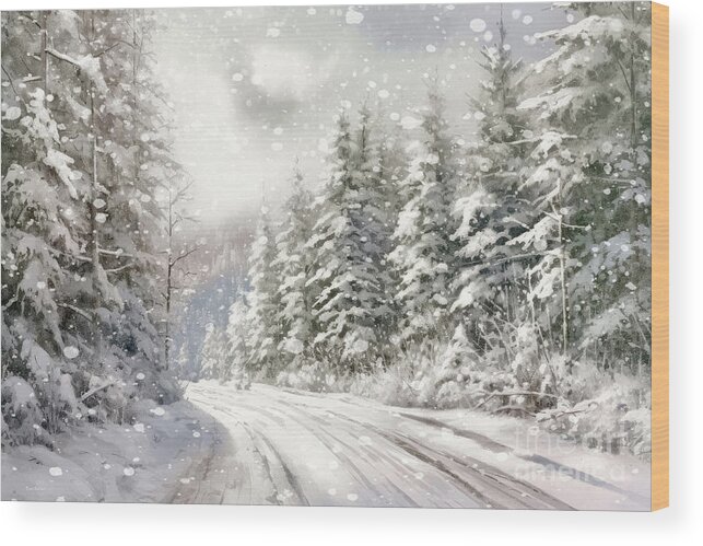 Winter Landscape Wood Print featuring the painting The Snowy Road Home by Tina LeCour