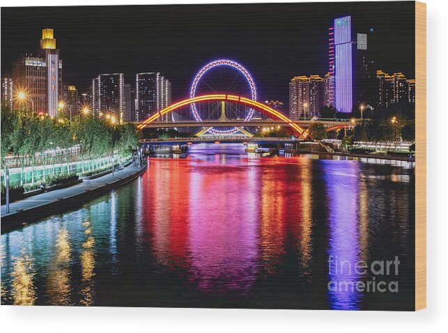 Tianjin Wood Print featuring the photograph Tianjin Night Riverscape by Iryna Liveoak